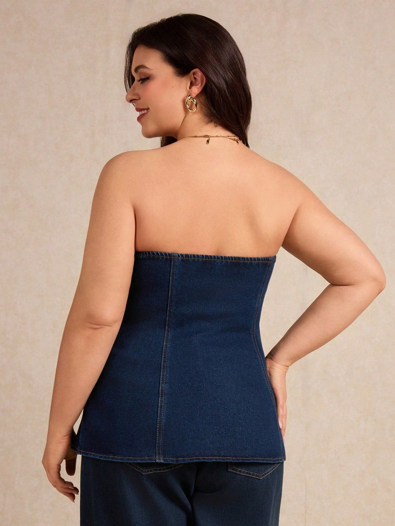 Plus-size denim tube top with metallic buttons