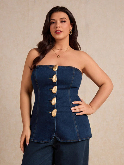 Plus-size denim tube top with metallic buttons