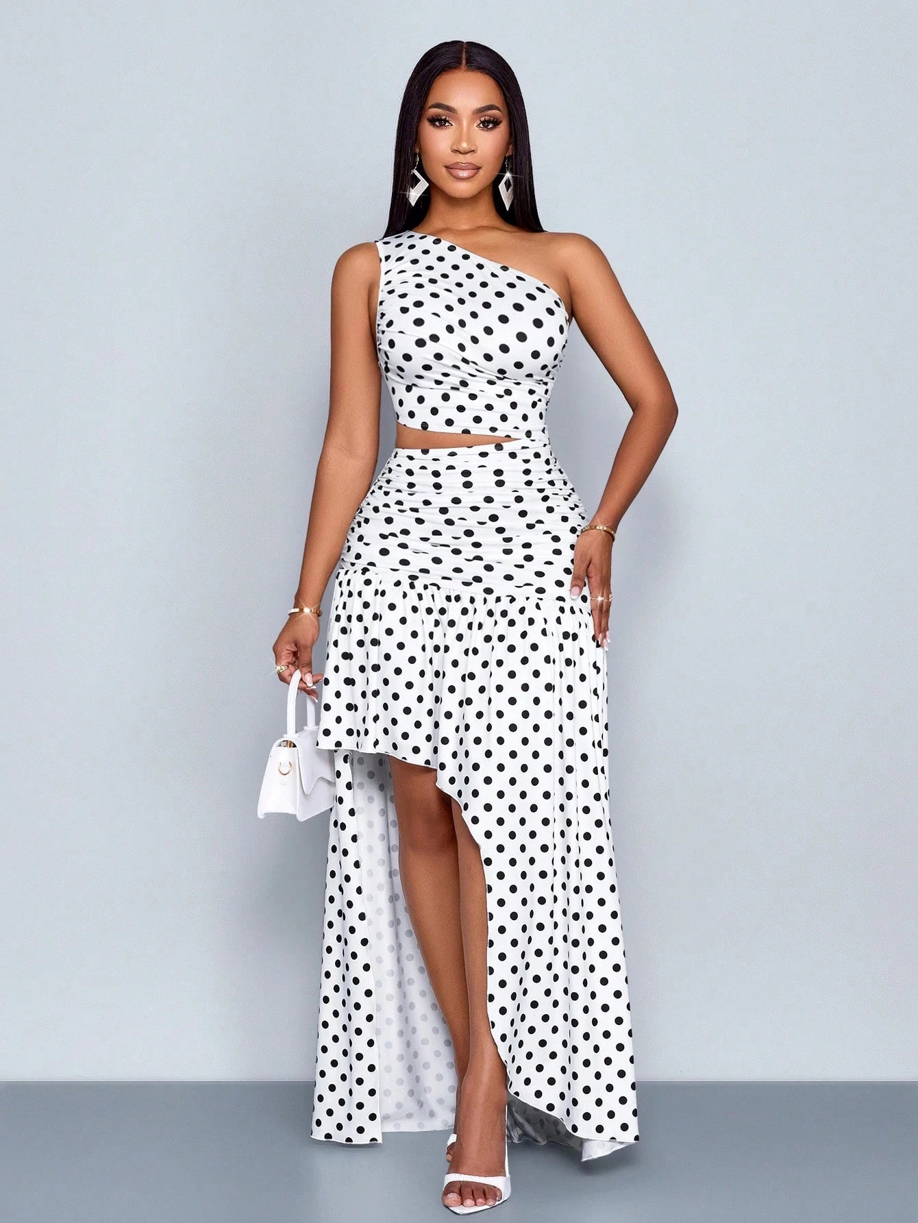 Plus-size One-Shoulder Polka Dot Maxi Dress