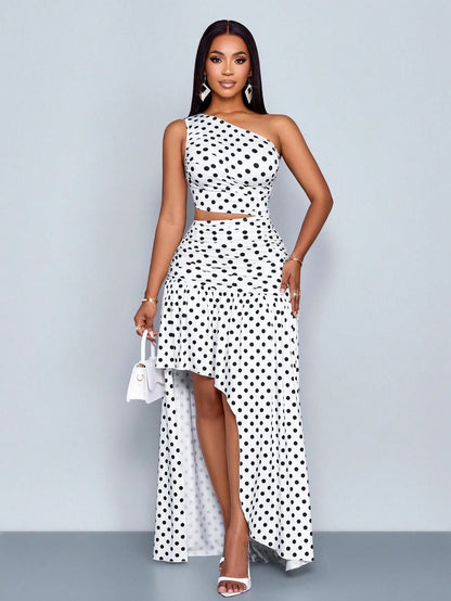 Plus-size One-Shoulder Polka Dot Maxi Dress