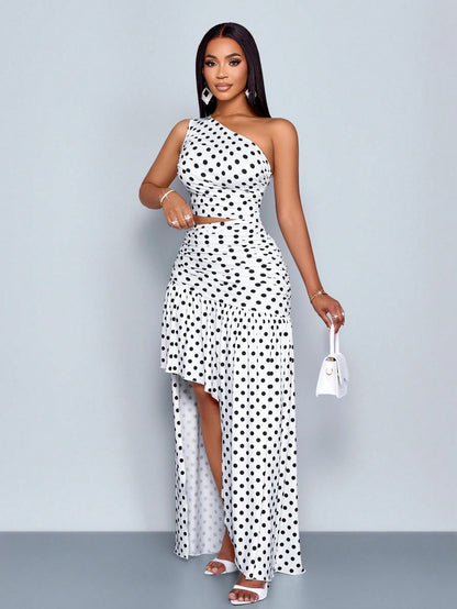 Plus-size One-Shoulder Polka Dot Maxi Dress