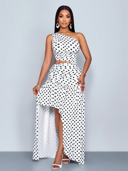 Plus-size One-Shoulder Polka Dot Maxi Dress