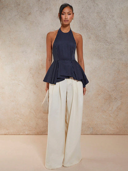 Striped sleeveless halter back tank top