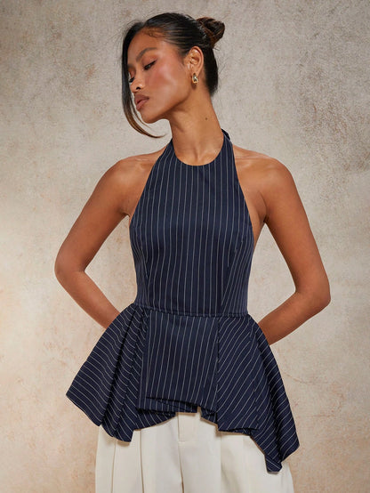 Striped sleeveless halter back tank top