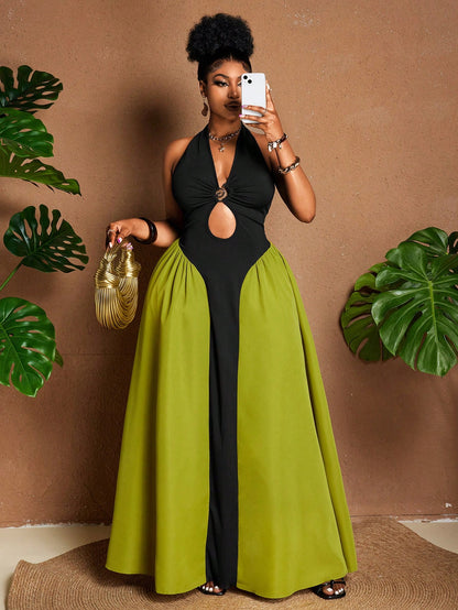 Plus size plunging neckline tied metal buckle contrast dress