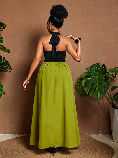 Plus size plunging neckline tied metal buckle contrast dress