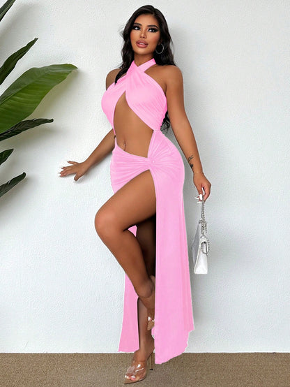 Twist front split thigh maxi dress