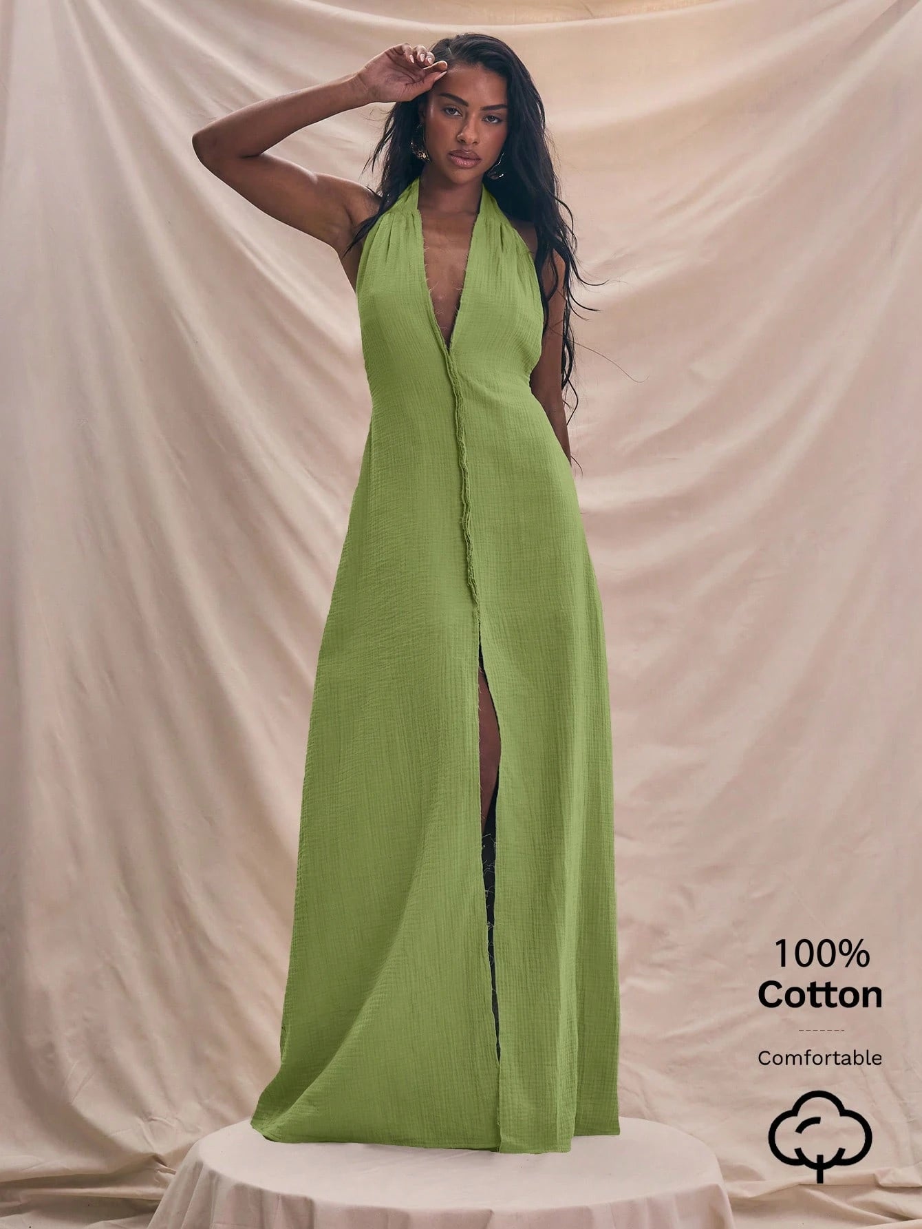 Halterneck plunge center seam maxi dress