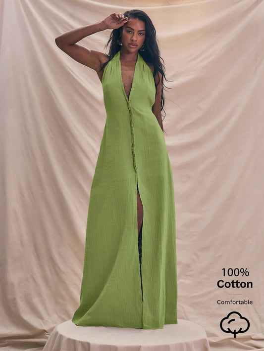 Halterneck plunge center seam maxi dress