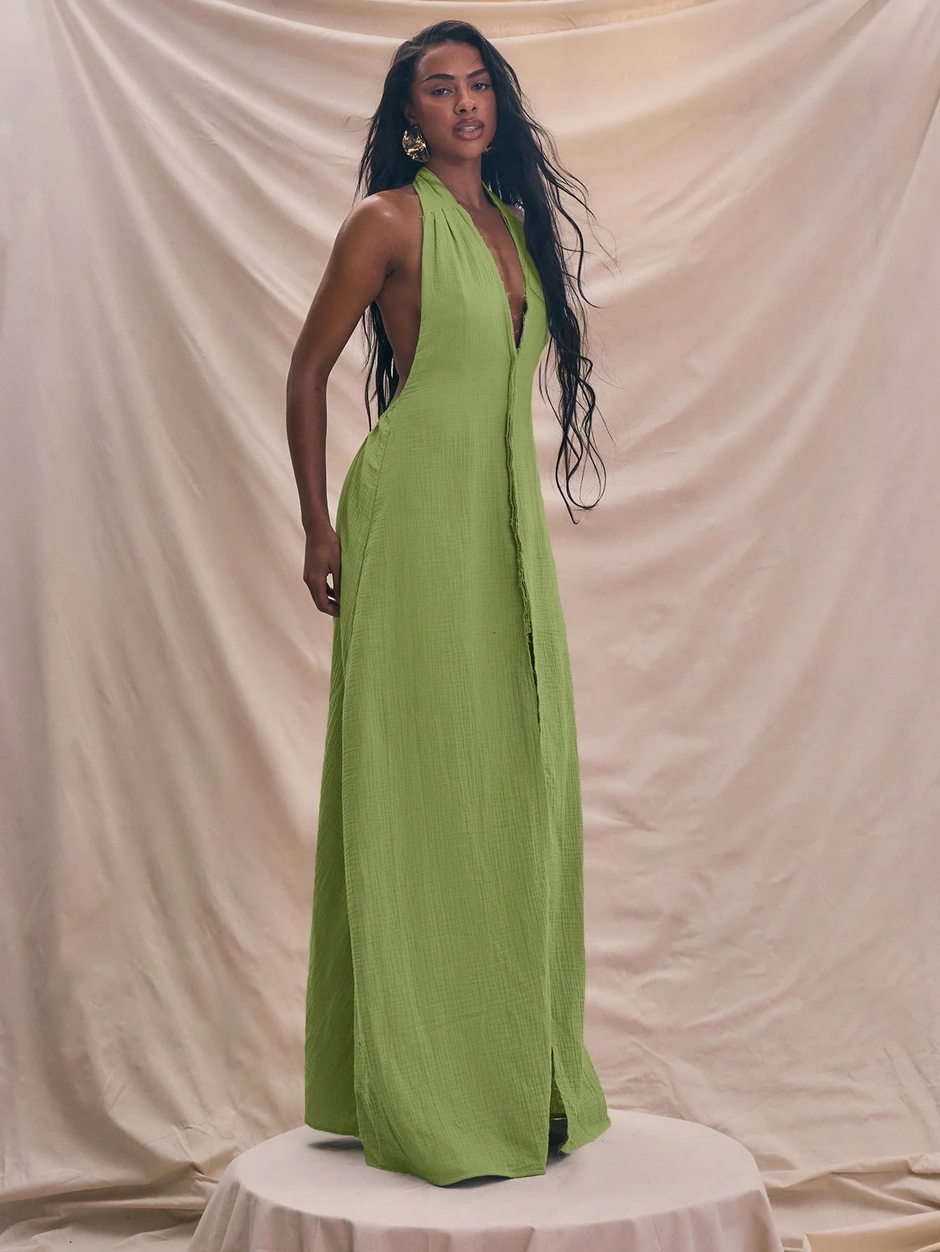 Halterneck plunge center seam maxi dress