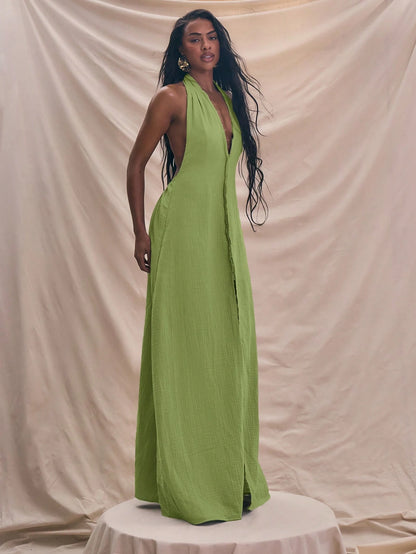 Halterneck plunge center seam maxi dress