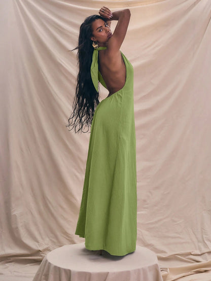 Halterneck plunge center seam maxi dress