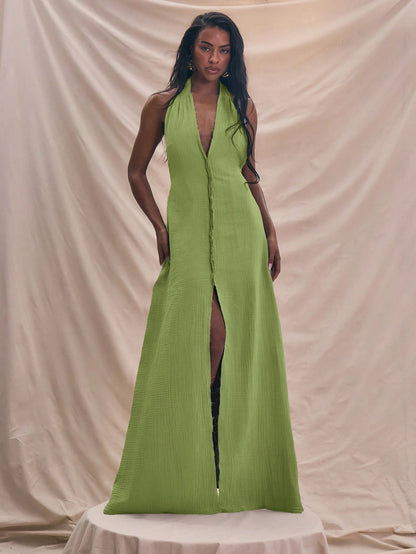 Halterneck plunge center seam maxi dress