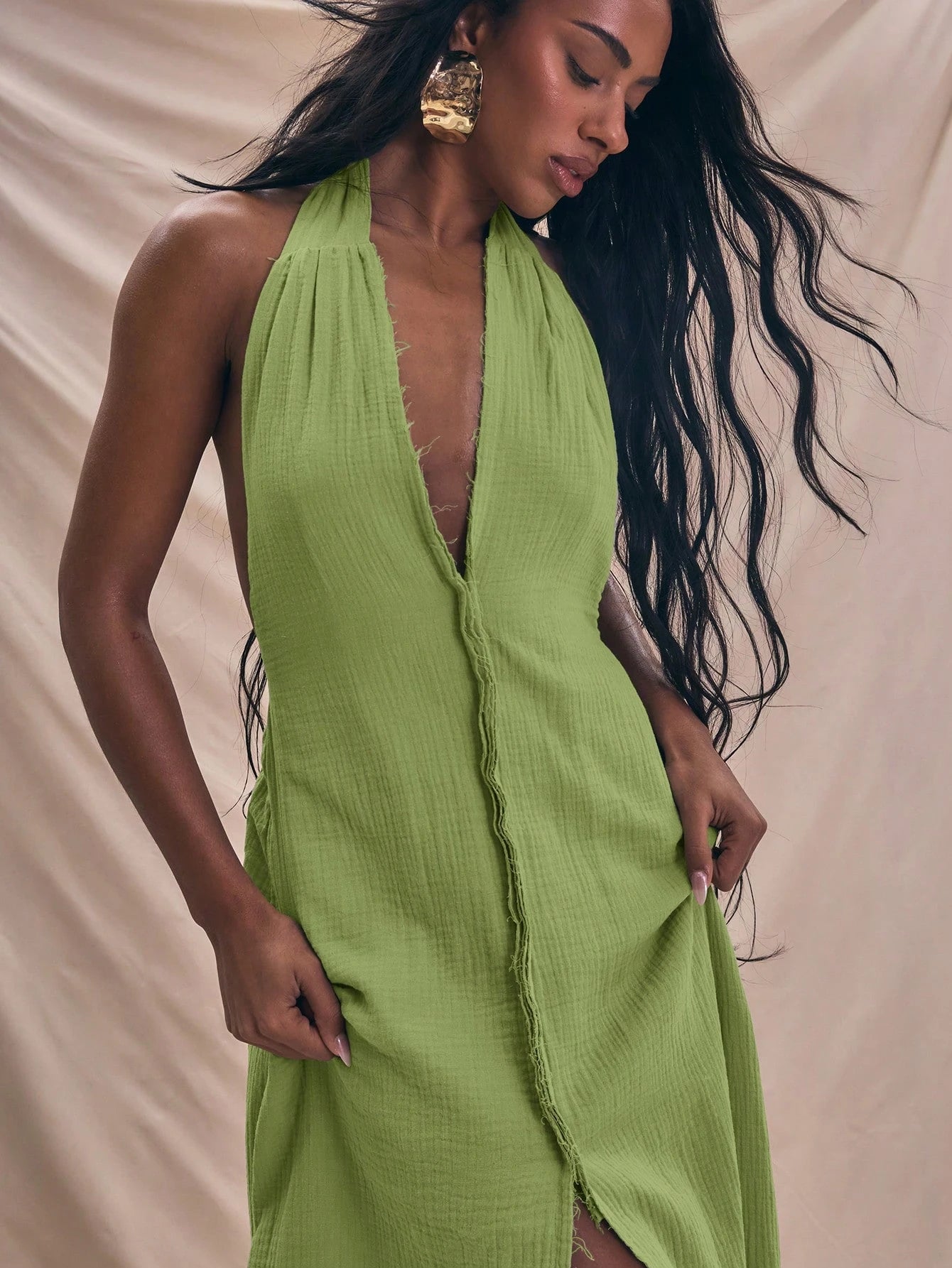 Halterneck plunge center seam maxi dress