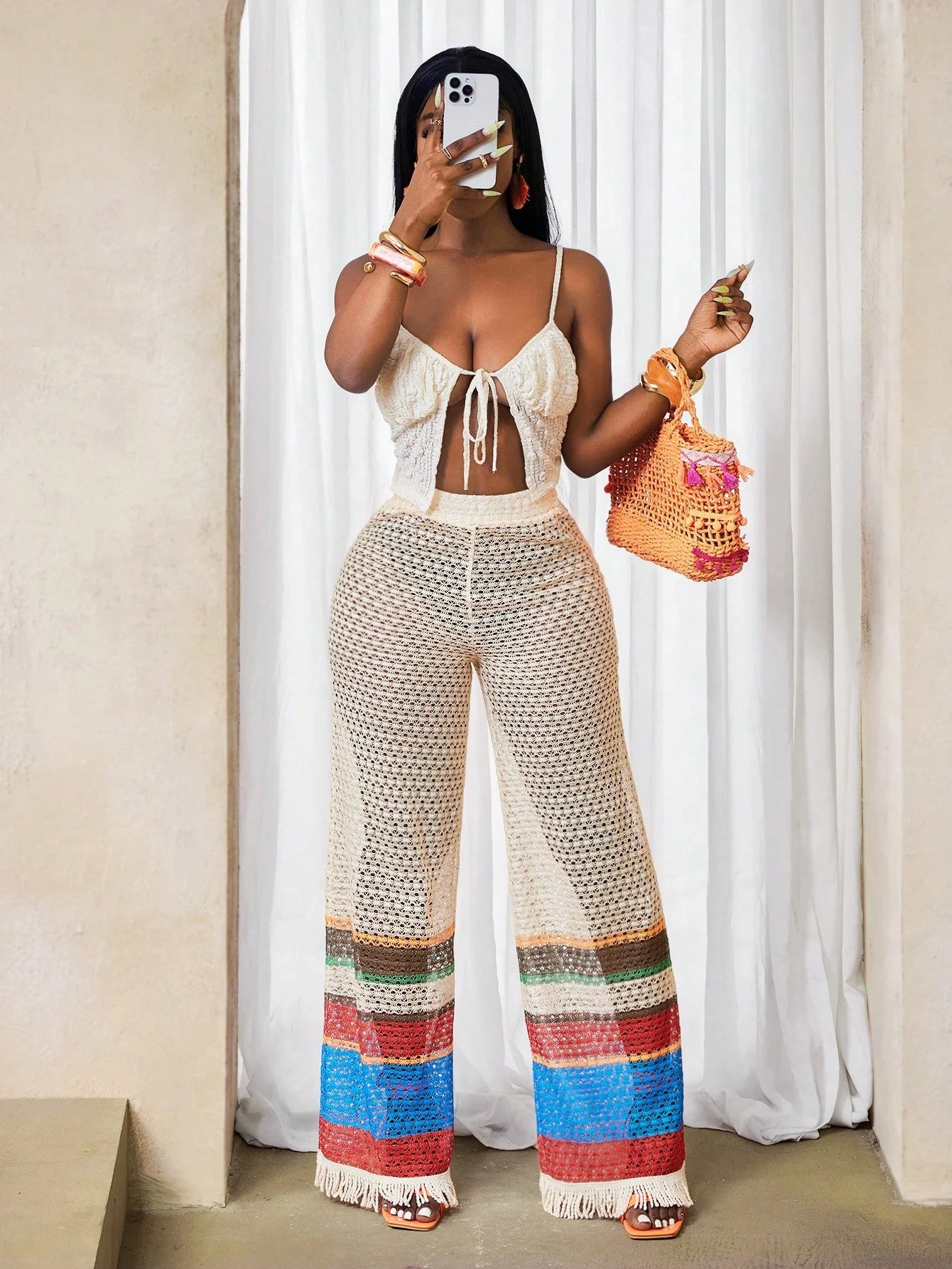 Tassel print flowy pants