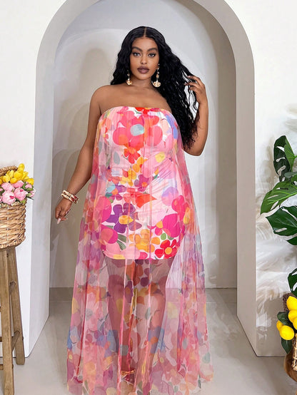 Plus-size strapless floral print dress