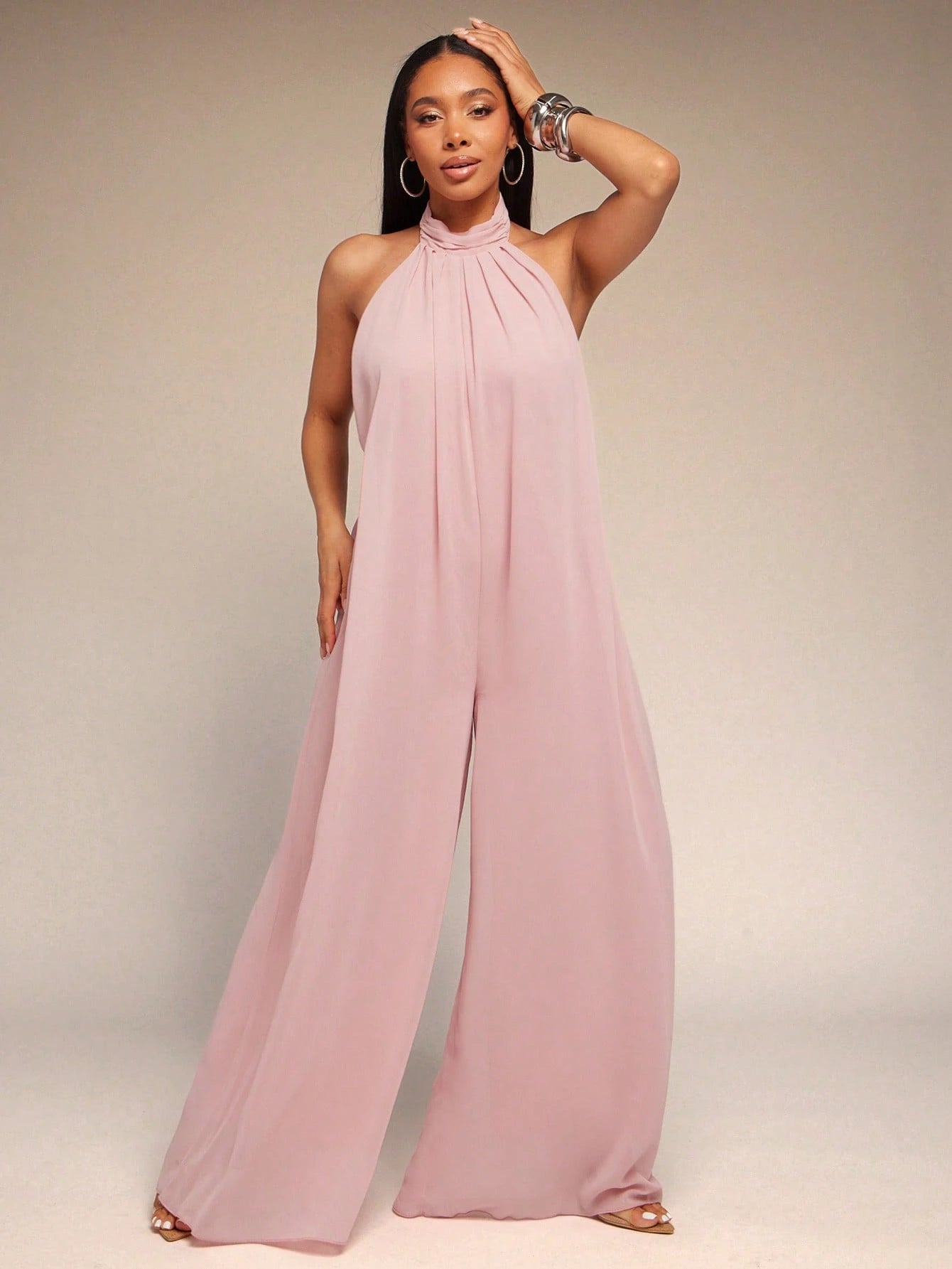 Chiffon Halter Open-Back Jumpsuit