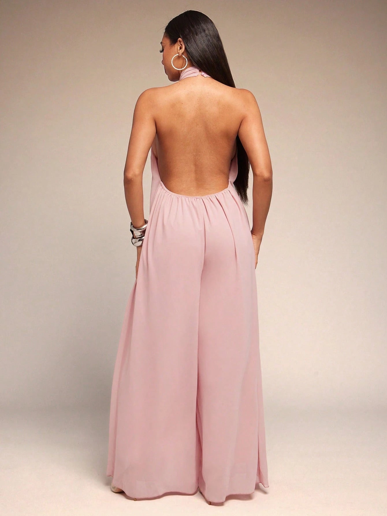 Chiffon Halter Open-Back Jumpsuit