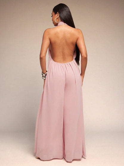 Chiffon Halter Open-Back Jumpsuit
