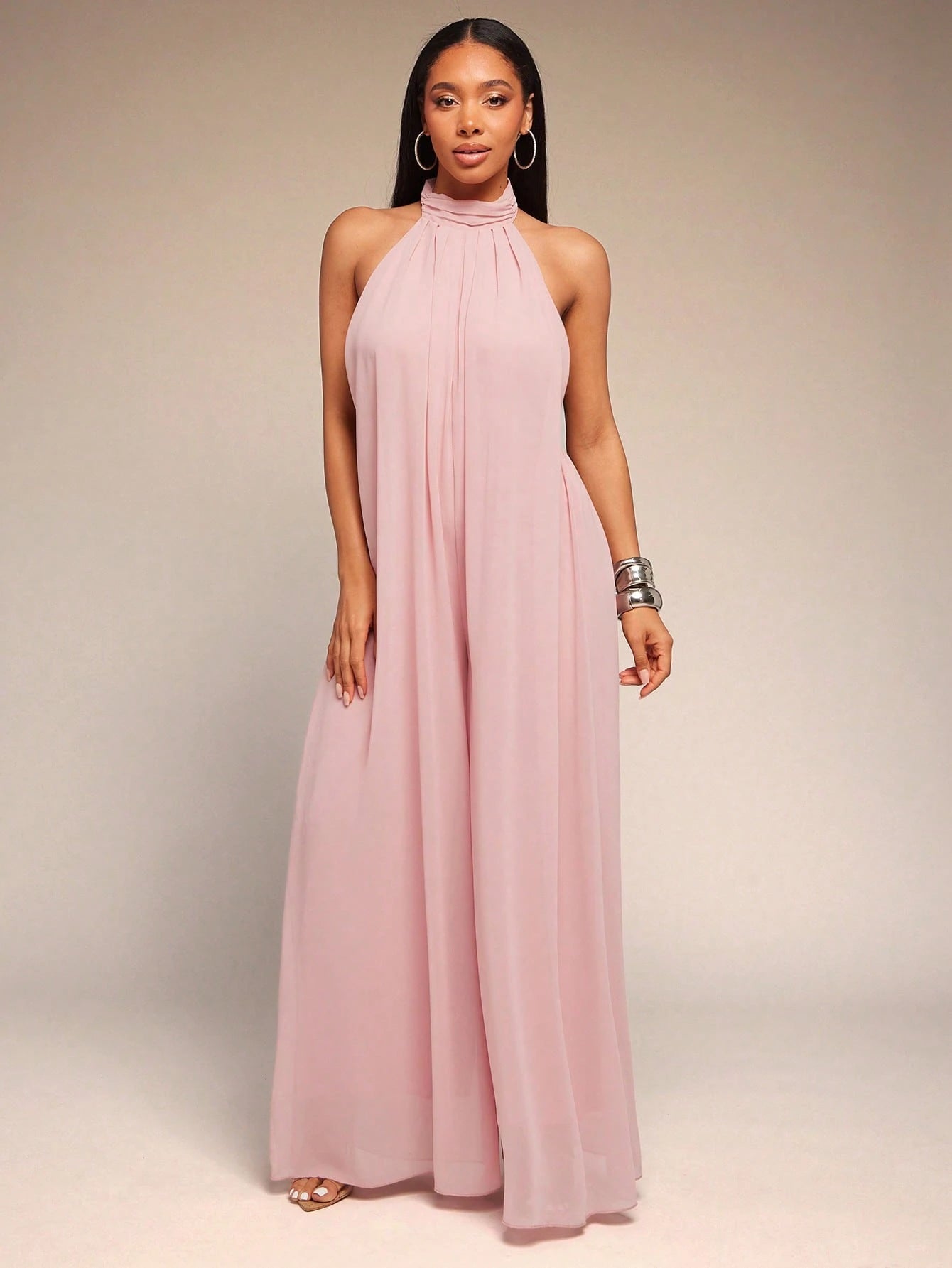 Chiffon Halter Open-Back Jumpsuit