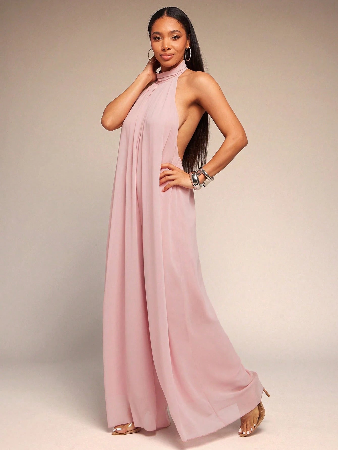 Chiffon Halter Open-Back Jumpsuit