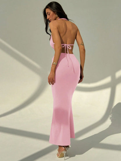 Metallic decor backless halter dress