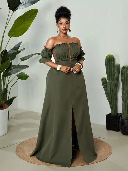 Plus-size off shoulder backless maxi dress