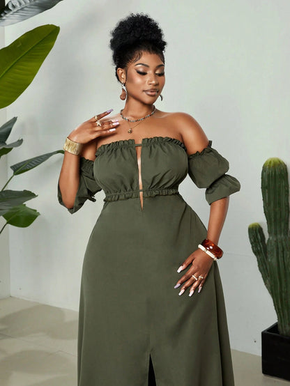 Plus-size off shoulder backless maxi dress