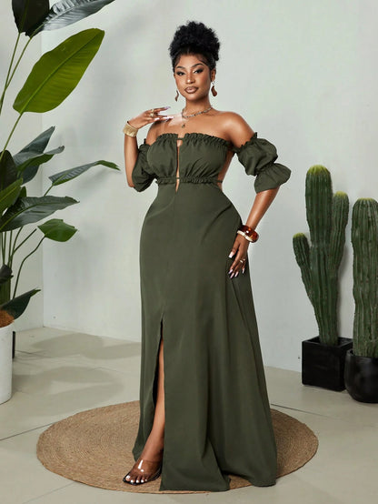 Plus-size off shoulder backless maxi dress