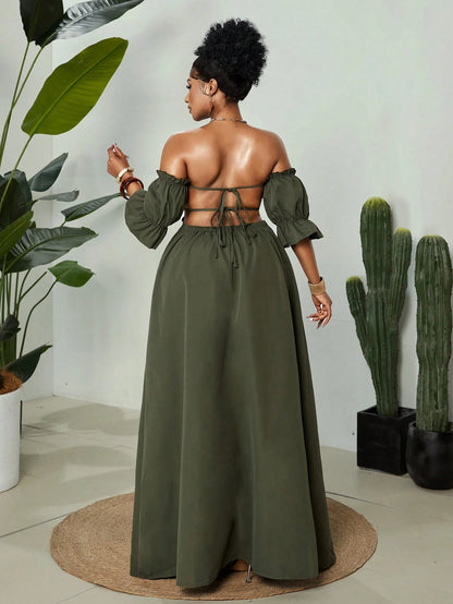 Plus-size off shoulder backless maxi dress