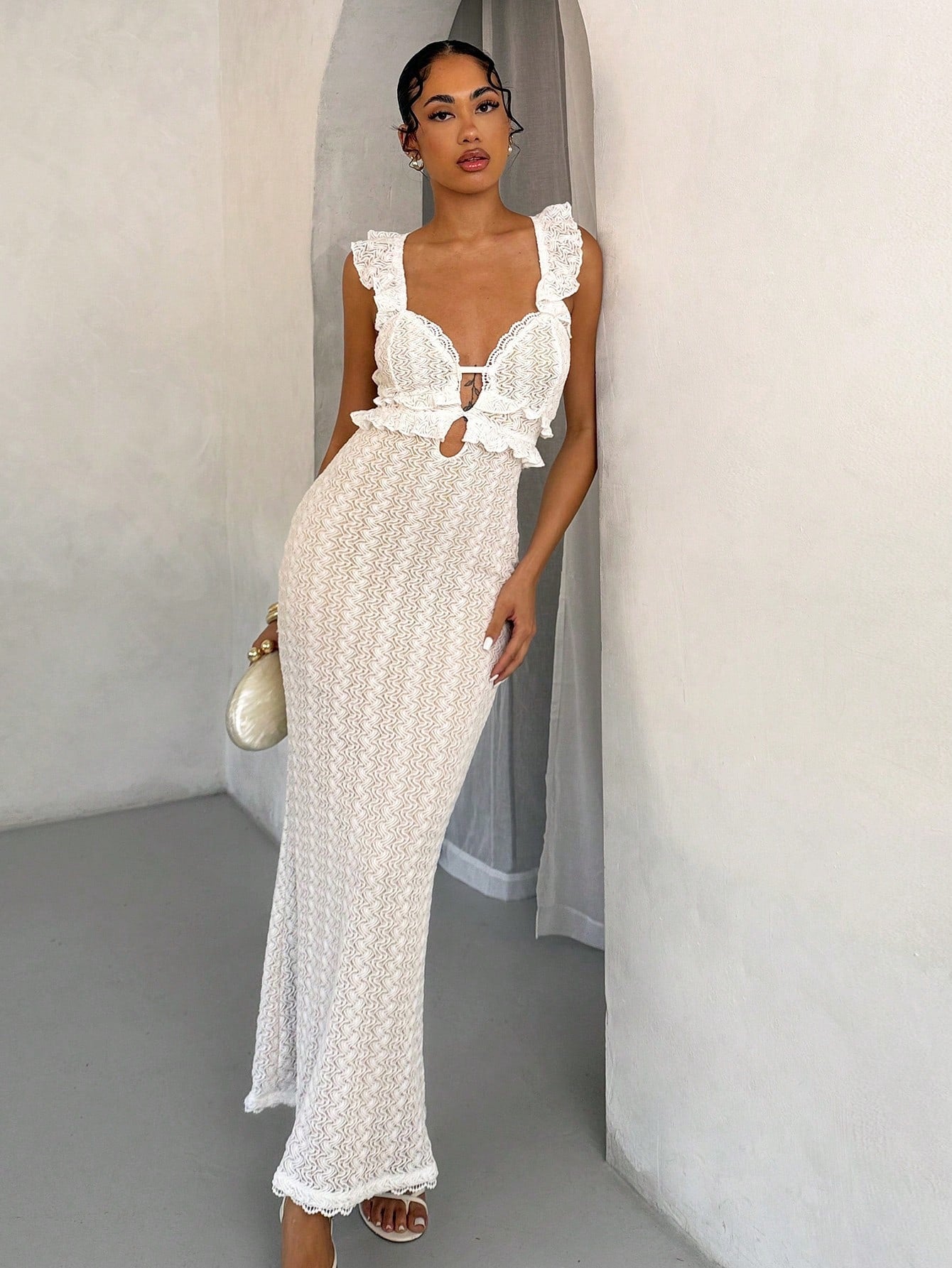 Textured frill shoulder maxi dress