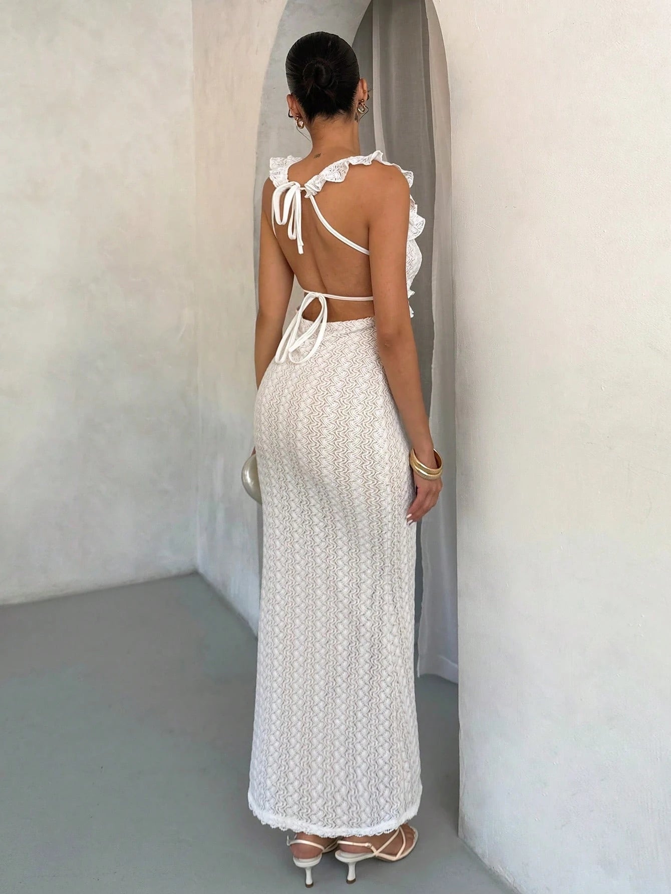 Textured frill shoulder maxi dress