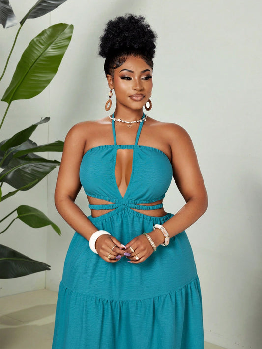 Plus-size halter back ruffle hem maxi dress