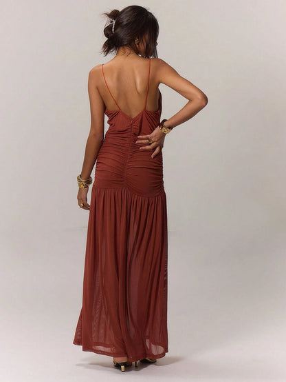 Ruched front drop hem dress