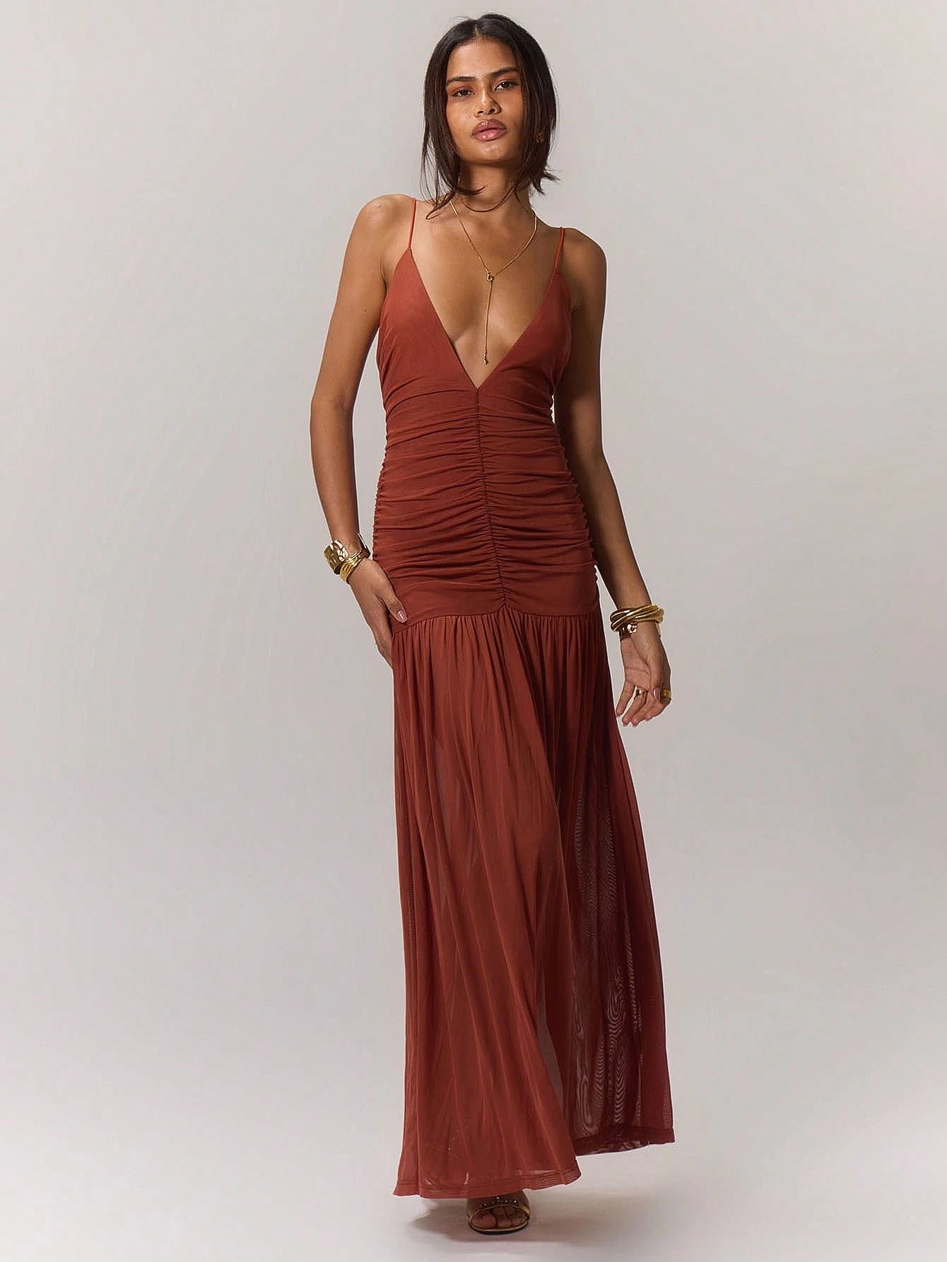 Ruched front drop hem dress