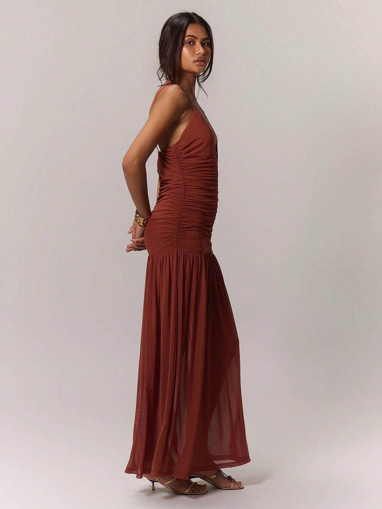 Ruched front drop hem dress