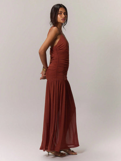 Ruched front drop hem dress