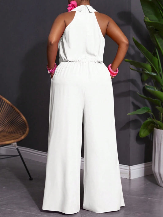 Plus-size sleeveless lapel jumpsuit