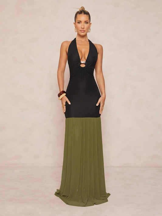 Backless deep v-neck metal decor dress
