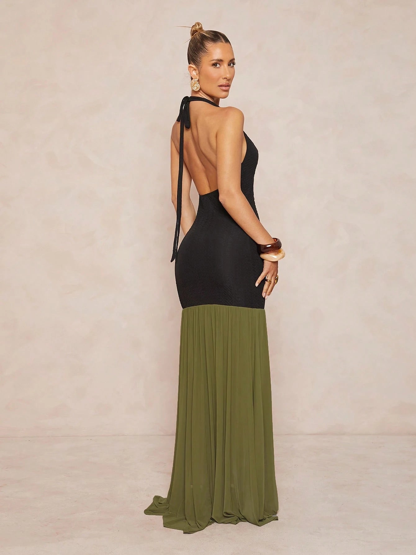 Backless deep v-neck metal decor dress