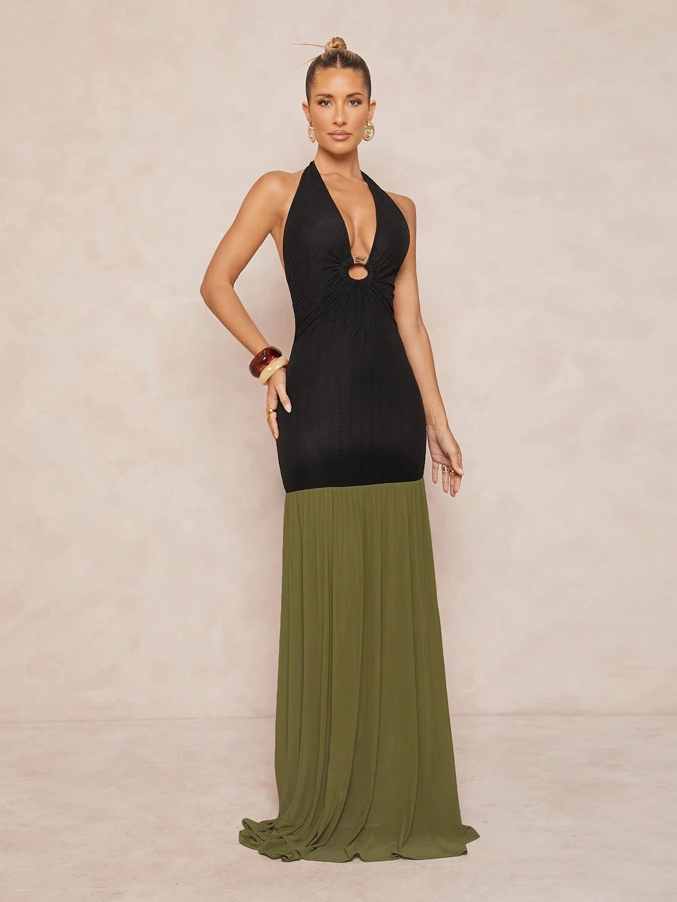 Backless deep v-neck metal decor dress