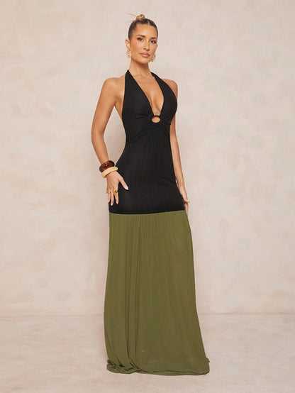 Backless deep v-neck metal decor dress