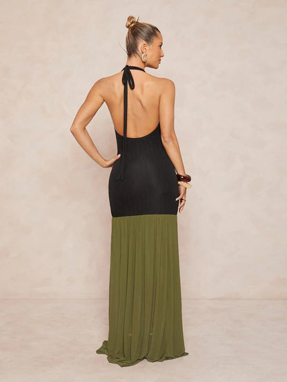 Backless deep v-neck metal decor dress