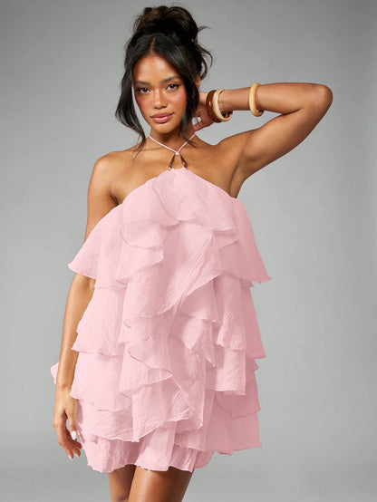 Ruffle Halter Neck Mini Dress