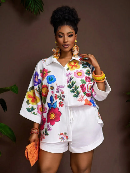 Plus Size Floral Shirt & Shorts Set