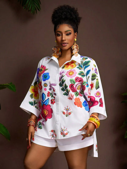 Plus Size Floral Shirt & Shorts Set
