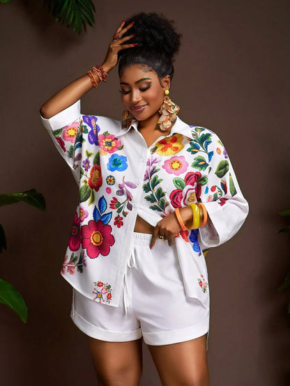 Plus Size Floral Shirt & Shorts Set