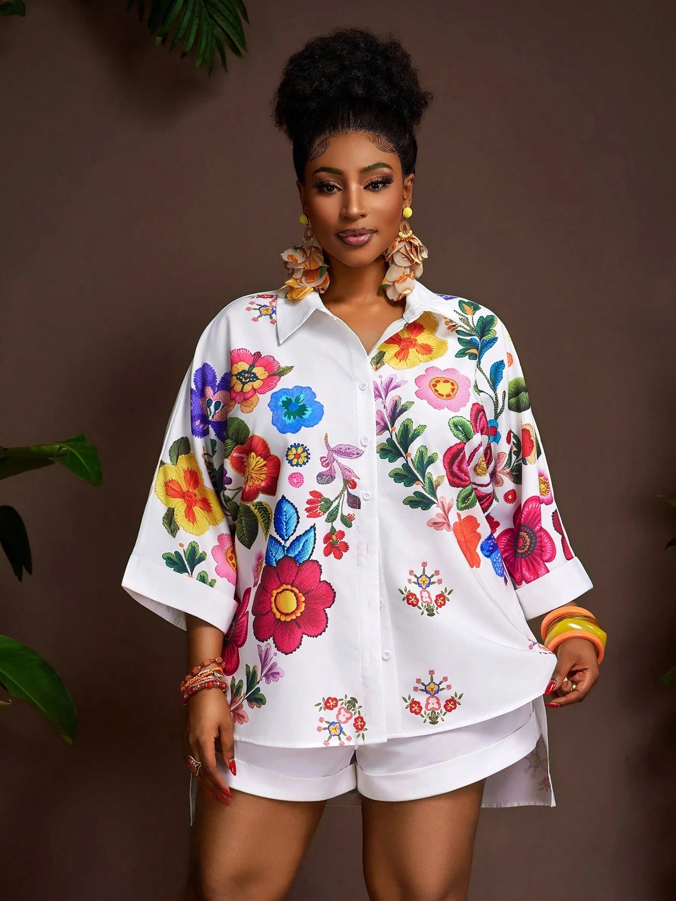 Plus Size Floral Shirt & Shorts Set