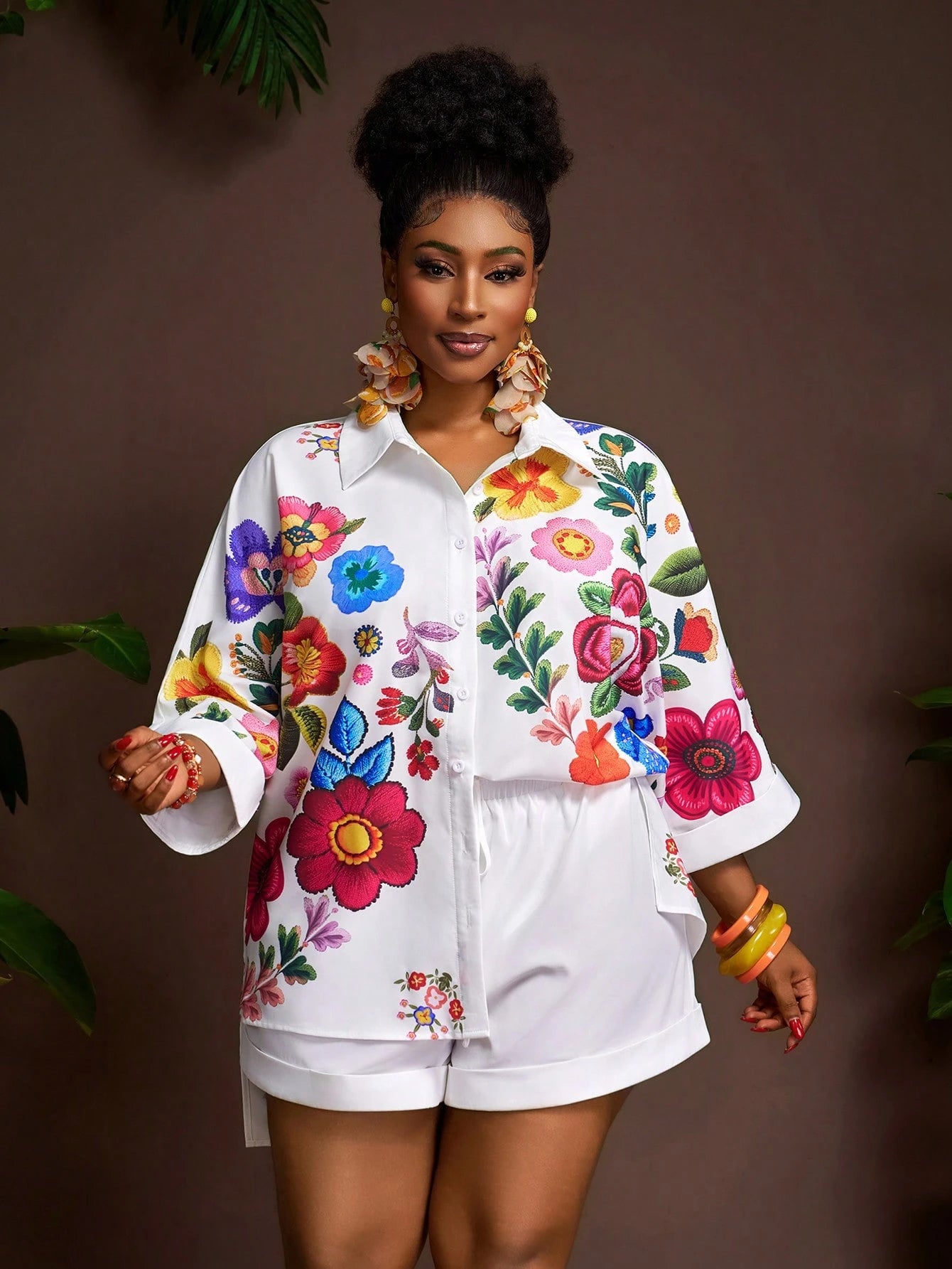 Plus Size Floral Shirt & Shorts Set
