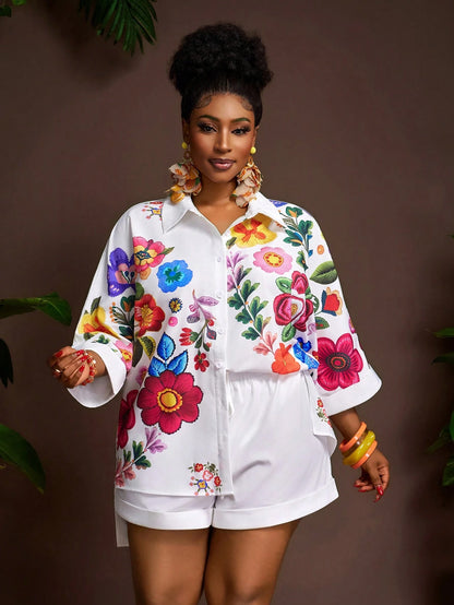 Plus Size Floral Shirt & Shorts Set